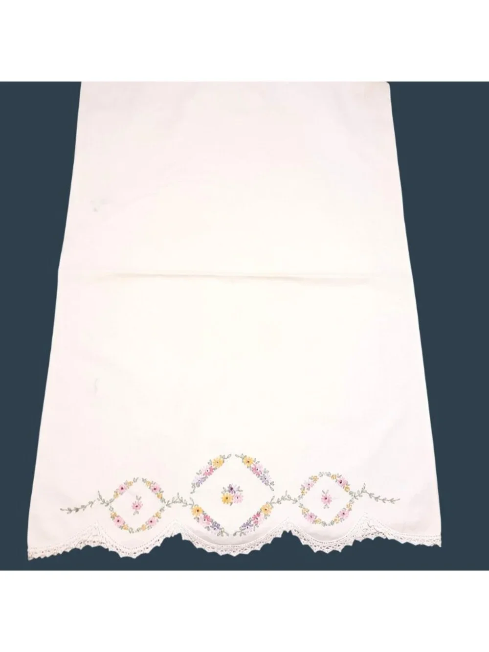 Vtg Floral Embroidered Pillowcases Lace Trim Pastel Yellow Pink Purple Flowers